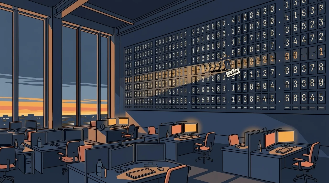 The night-shift floor: a split-flap board of 257 protocol rows beside tall east windows