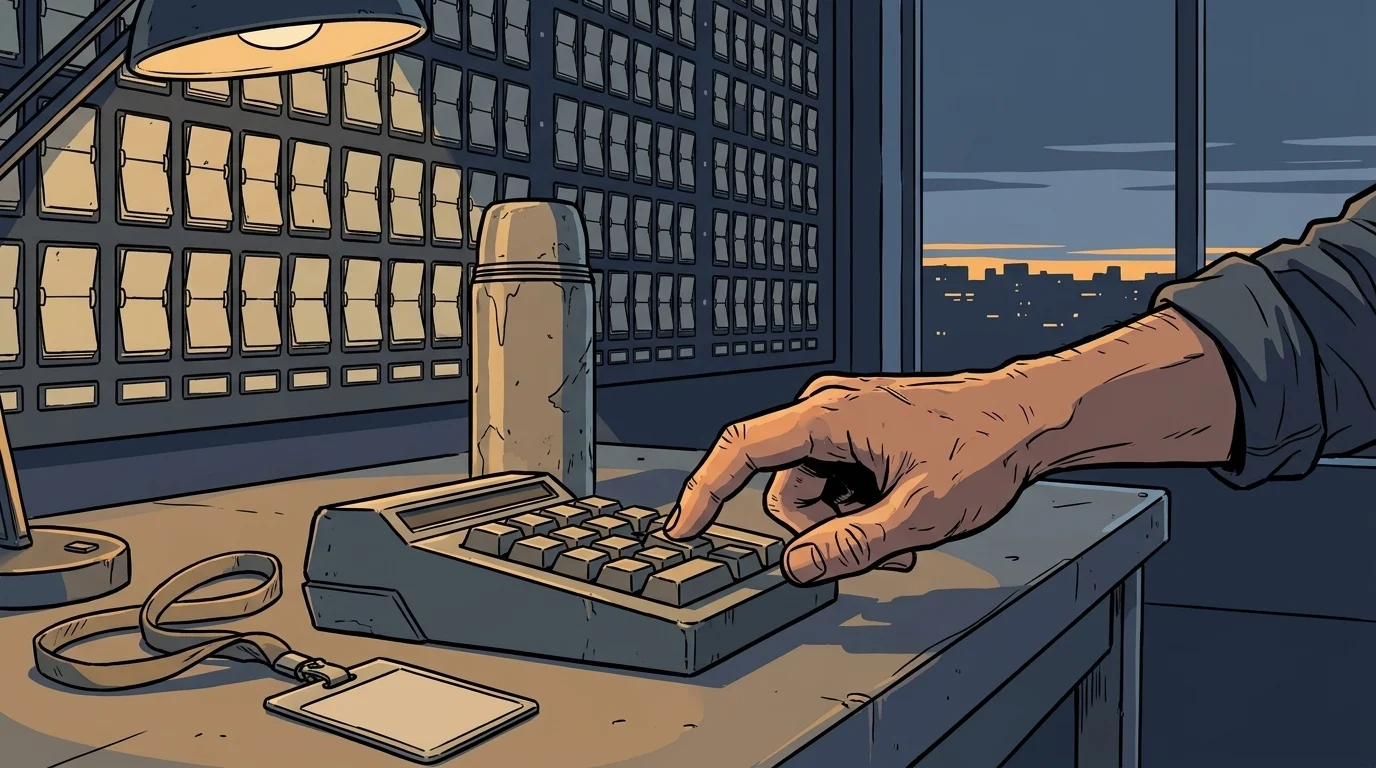 The Night Runner's hand on the stake key, thermos beside it, the east horizon glowing